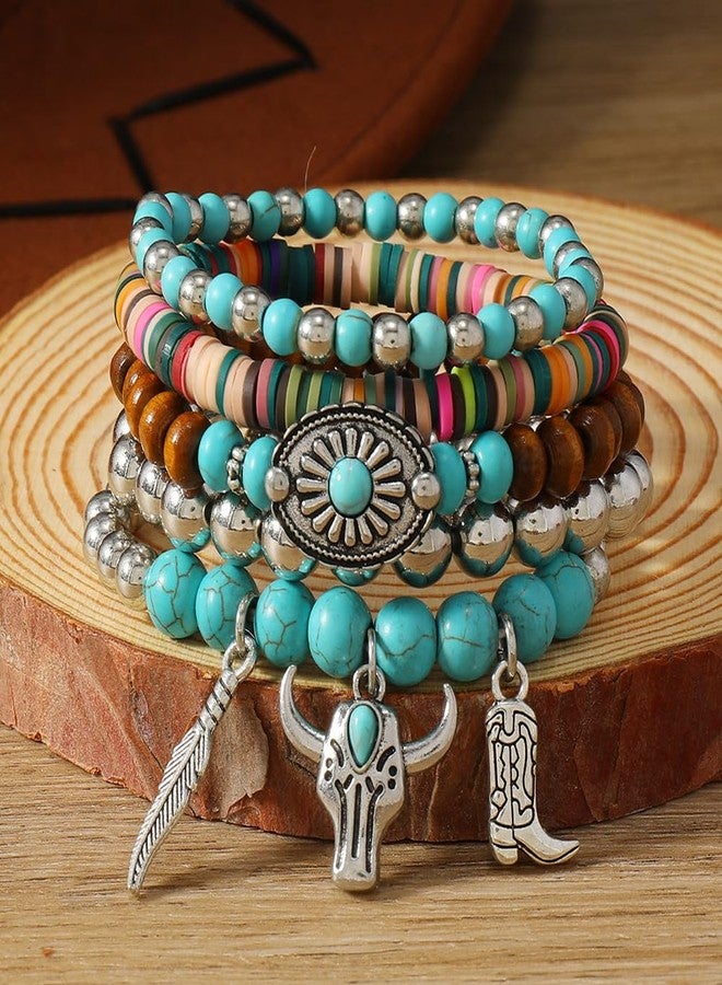 LOTSOF Western Turquoise Beaded Bracelet, Boho Stack Jewelry, Country Concert Cowgirl Style (Bull Head Style 5PCS) - Image 3
